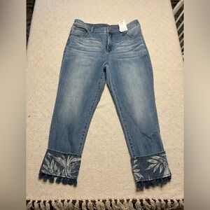 Chicos So Slimming Girlfriend Slim Leg Crop Womens 10 Blue tropical tassel new